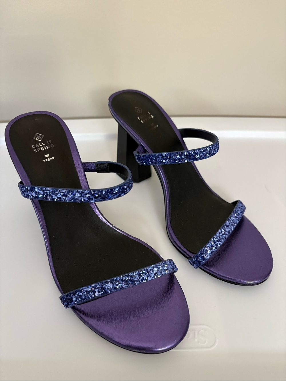 Call It Spring Purple Glitter Double-Strap Block Heel Sandals